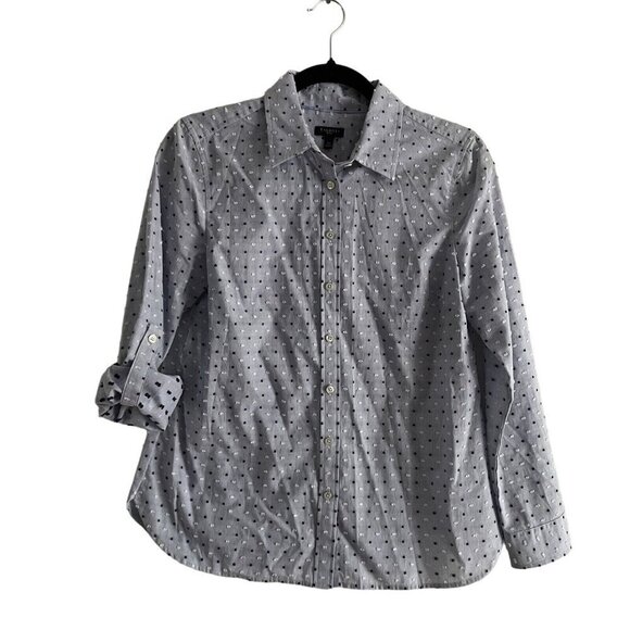 Talbots Women Petite S Blue/White Polka/Swiss Dot Long Sleeve Button Blouse - Picture 2 of 10